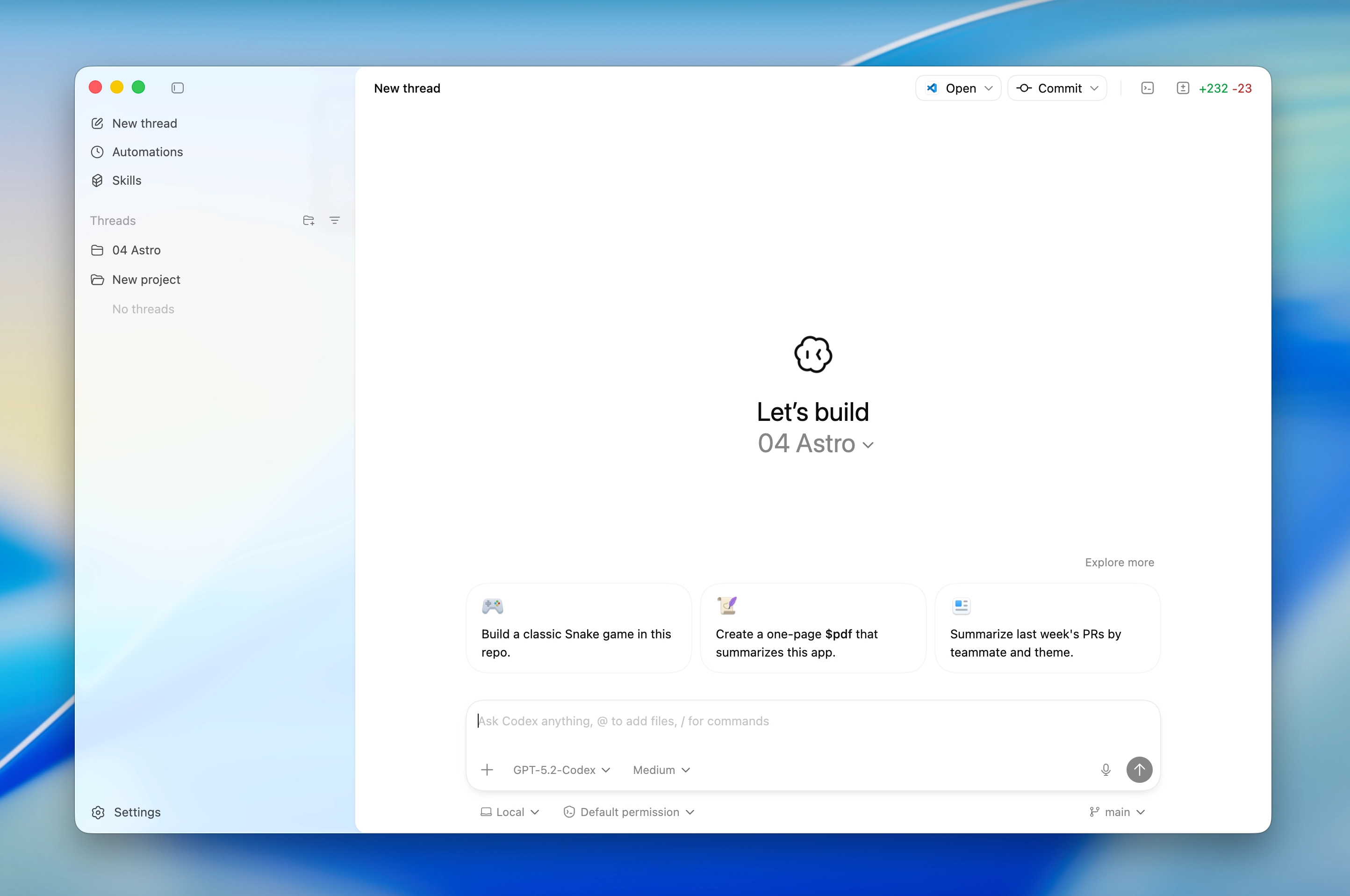 Open AI Codex App für Mac - Screenshot der Desktop-Zentrale für KI-Agenten